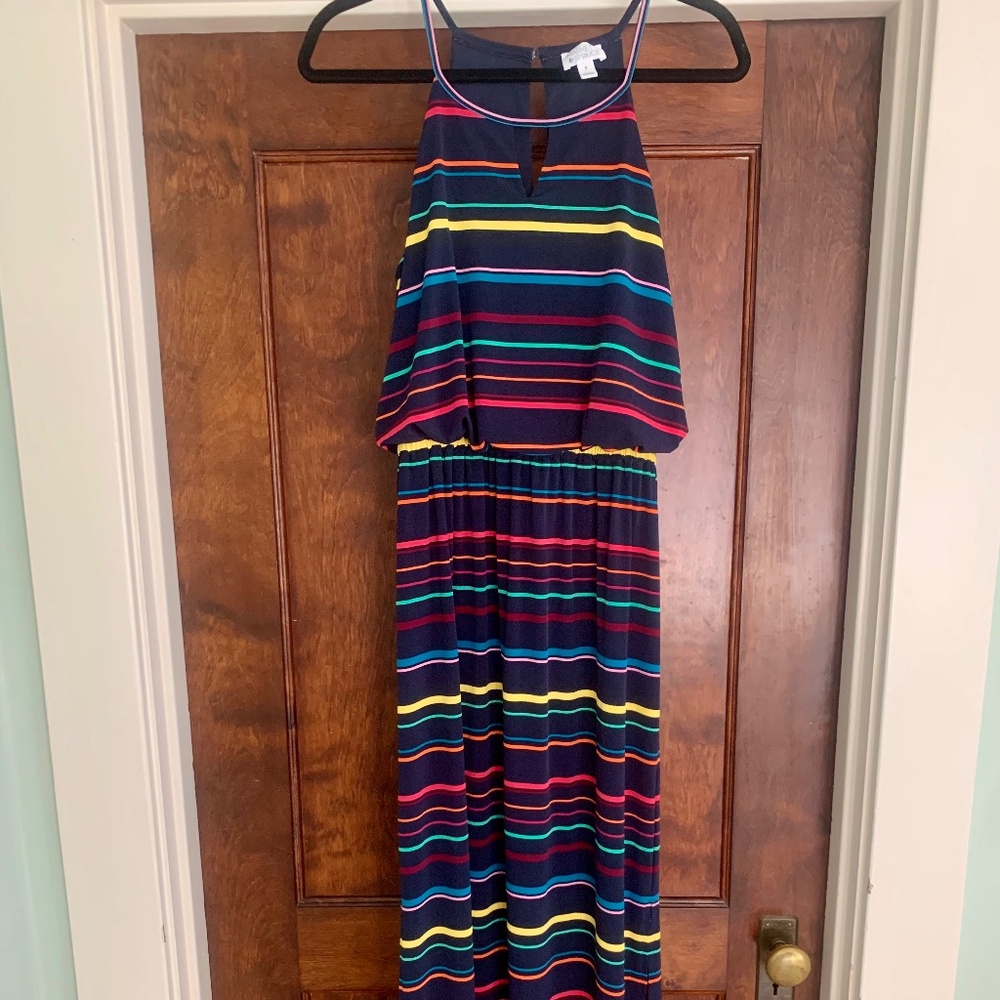 Market & Spruce Navy Blue Colorful Stripe Maxi Dress, Size M